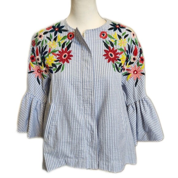 Zara Basic Collection blue & white striped seersucker zip jacket, embroidered S - Picture 1 of 9